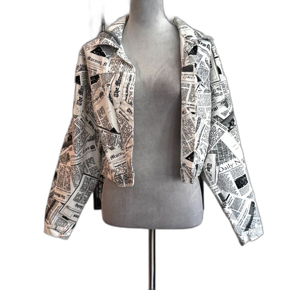 Ashley Vintage Charm Newspaper Print Denim Crop Jacket S